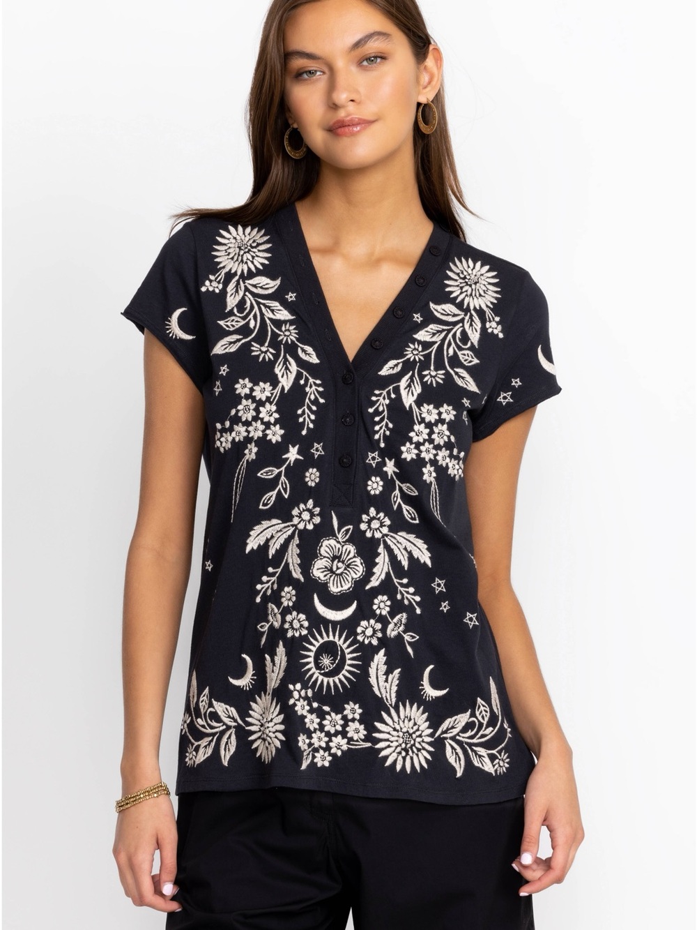 Johnny Was Oleander Embroidered Floral Celestial Button Neck Tee Black Medium